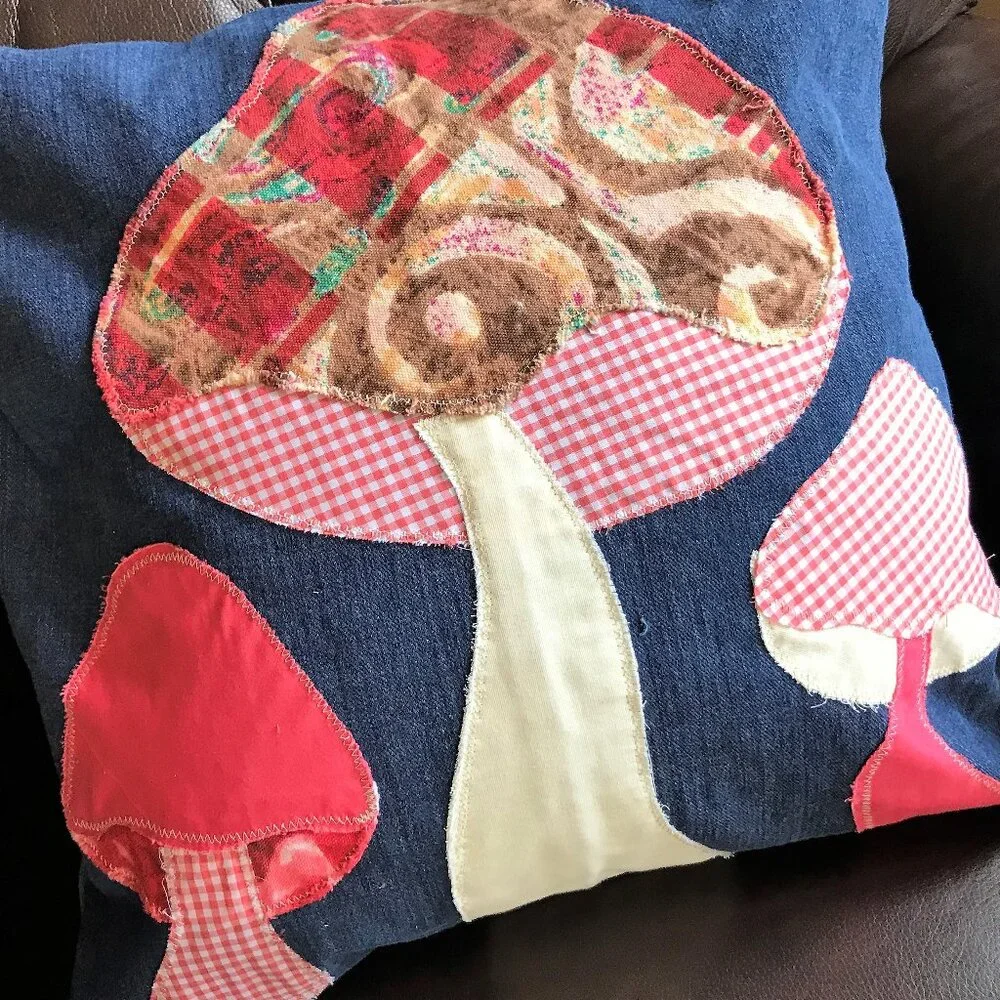 Mushroom Pillow Cover Handmade 18 x18 Whimsical Fungi Cottagecore Recycled Denim - Picture 8 of 9